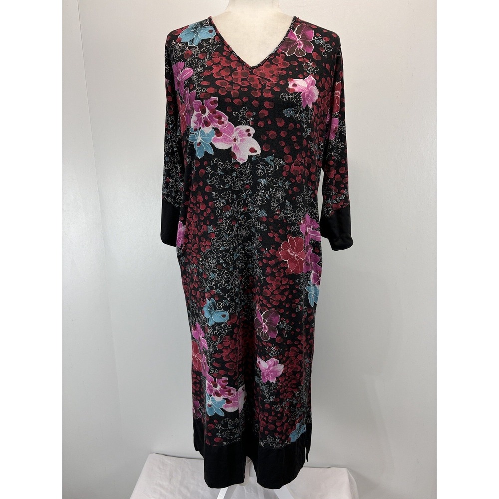Natori Women's Midi Dress Sz Small 4 6 Floral Geisha V-Neck Sleep Shirt Stretch